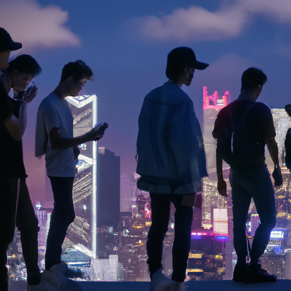 Neon dusk city skyline with travelers on a rooftop, cinematic color
